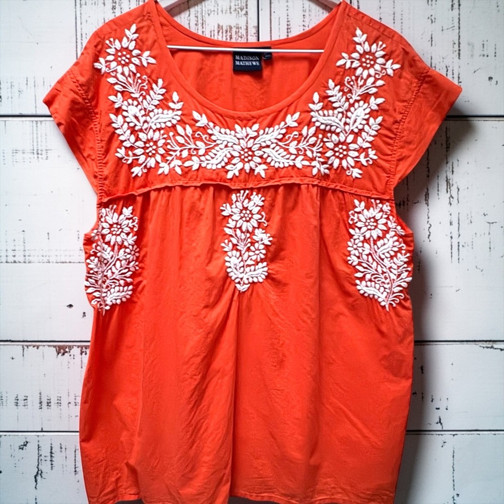 Madison Mathews Orange Embroidered Cotton Boho Blouse Cap Sleeve XL Womens